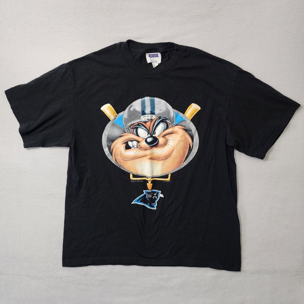 Vintage 90s Tazz Carolina Panthers T Shirt Mens XL Black NFL Looney Tunes Sports